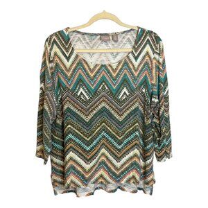 Chico's Blouse Women's Size Large Aztec 3/4 Sleeve Green Black Chicos‎ 2
